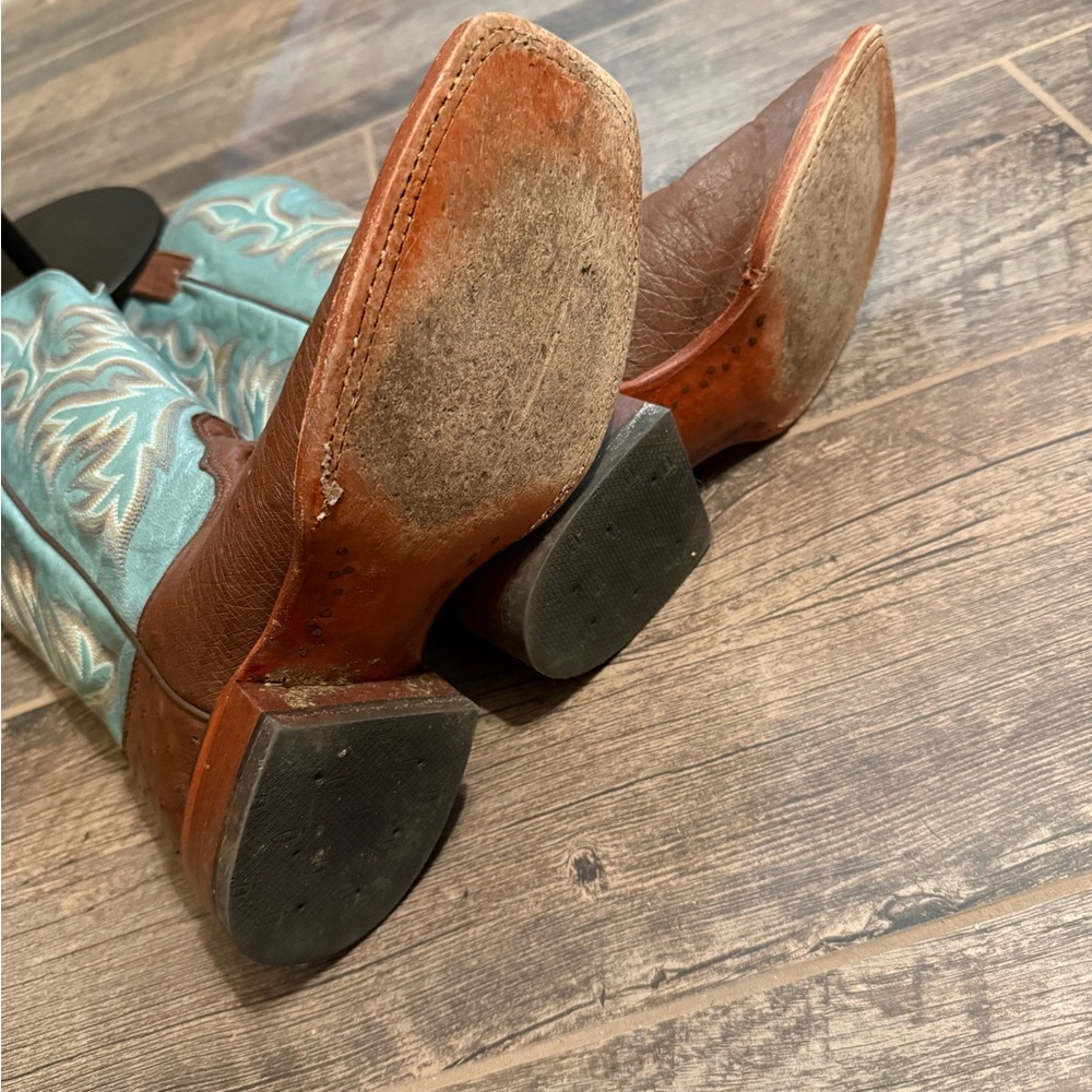 Justin Boots Brown Ostrich Leather with Teal Embroidered Shaft Western Boots - Picture 4 of 7
